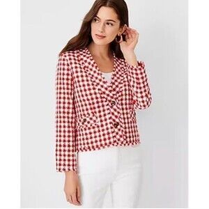 Ann Taylor Checkered Tweed Blazer Jacket NWT Cherry Red & White Women’s 14